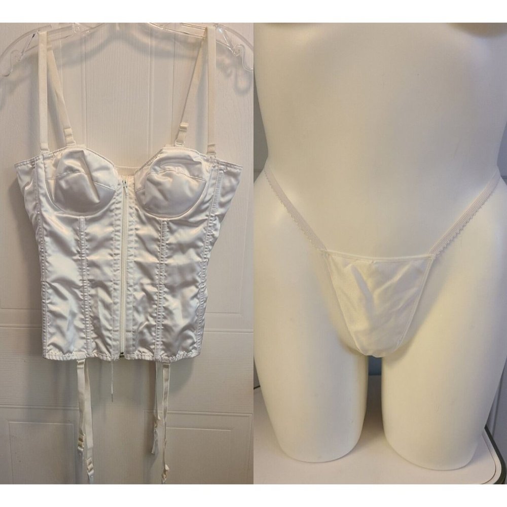 Vtg Empire Intimates Lingerie Bustier Corset Back (34B) and Thong (OS) Set White